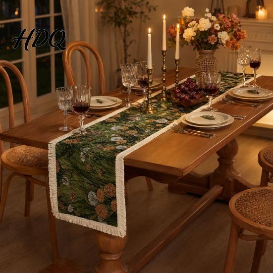 Fringed Edge Table Runner Runner Vintage Floral Printed with Decorative Edges Protects