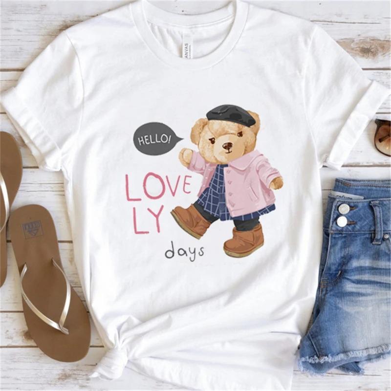 Cute Little Bear Print TShirt Summer Trend White Short Sleeve Neck Casual Sports Aesthetic Clothes Womens Graphic T Shirts