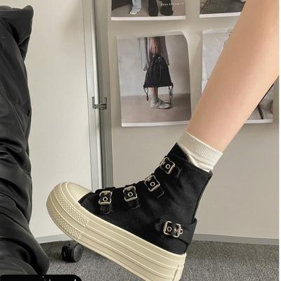 Fashion Retro  Buckle Design Thick Soled Casual Canvas Short Boots for Women  Autumn Comfortable Non Slip Chunky Ankle Boots