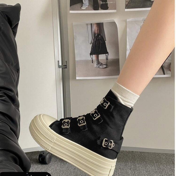 Fashion Retro  Buckle Design Thick Soled Casual Canvas Short Boots for Women  Autumn Comfortable Non Slip Chunky Ankle Boots