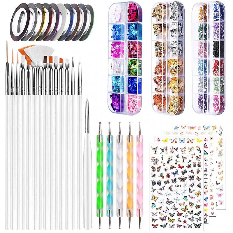 Complete nail art decoration kit with nail brushes, rhinestone kit with stickers, dotting pen, foil, flakes, gold and silver thread