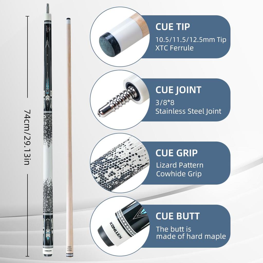 KONLLEN ProTaper Canadian Maple Adult Pool Cue Deflection Tip Professional Pool Cue Set with Extension and (Low Shaft, 10.5mm/11.5mm/12.5mm Sizes).