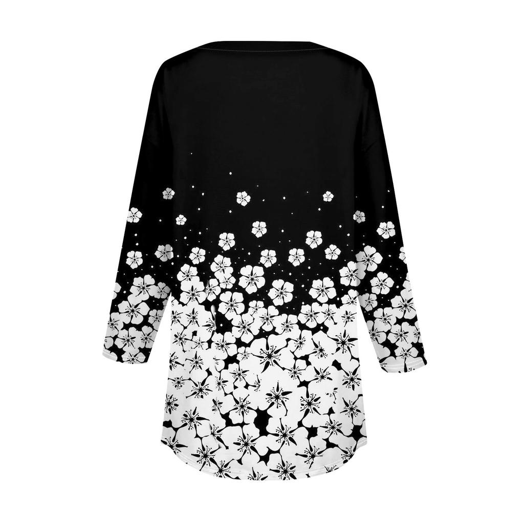 3/4-lengde ermer Dameoverdeler Sommer T-skjorter Blomstertrykk V-hals Casual Basic T-skjorter med knapper Tunikaoverdeler