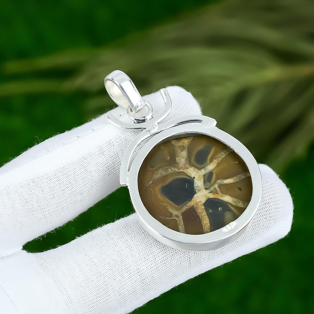 Sterling Silver Natural Moroccan Mud Crack Fossil Elegant Bezel Pendant Jewelry