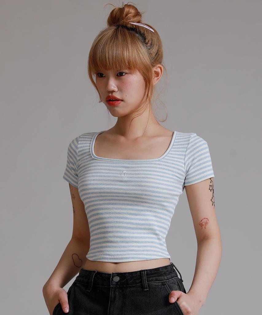LIKE THE MOST Striped Square Neck Half T-Shirt_Sky Blue