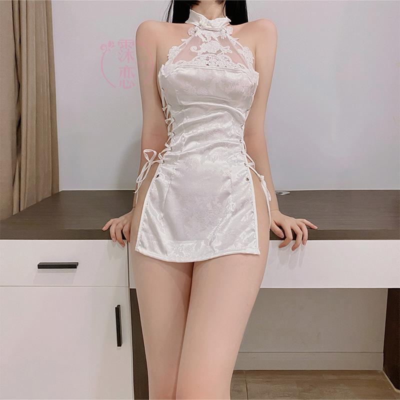 Sex Underwear, Uniform Side Straps, Split Ends, Sexy Cheongsam, Hollowed Out, Water-soluble Flower Hanging Neck, Fun Flirting