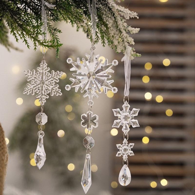 Pack of 6 Christmas Tree Hangings Snowflakes Charm Ornament Acrylic Indoor Outdoor Decoration Festival Accessories