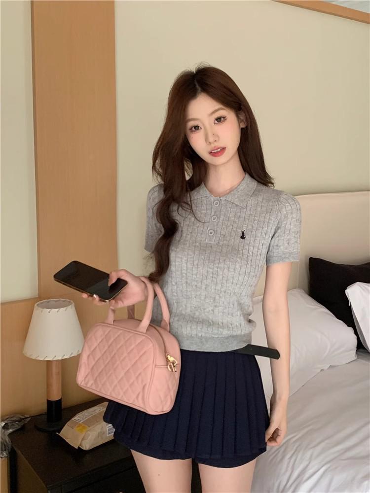 2025 Sommer Koreanischer Stil Polokragen Eisseide Gestrickte Kurzarm Damenbluse