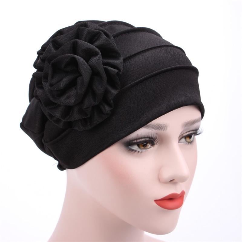 Muslim Fashion Solid Color Women Hijab Turban Beanie Hat Wth Flower Chemo Headwear Elastic Head Wrap Cap