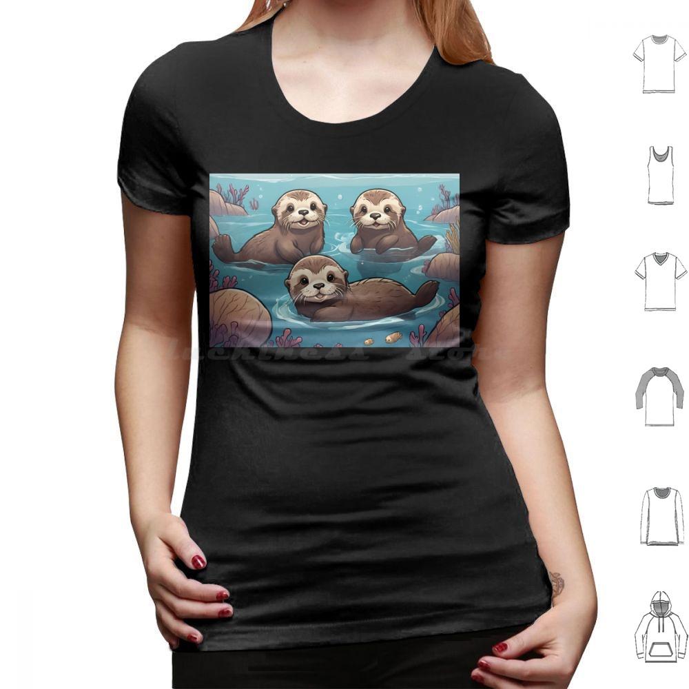 Playful Otters In The Ocean T Shirt Big Size 100 Cotton Otters Swimming Ocean Cute Adorable Family Joyful Playful Wildlife