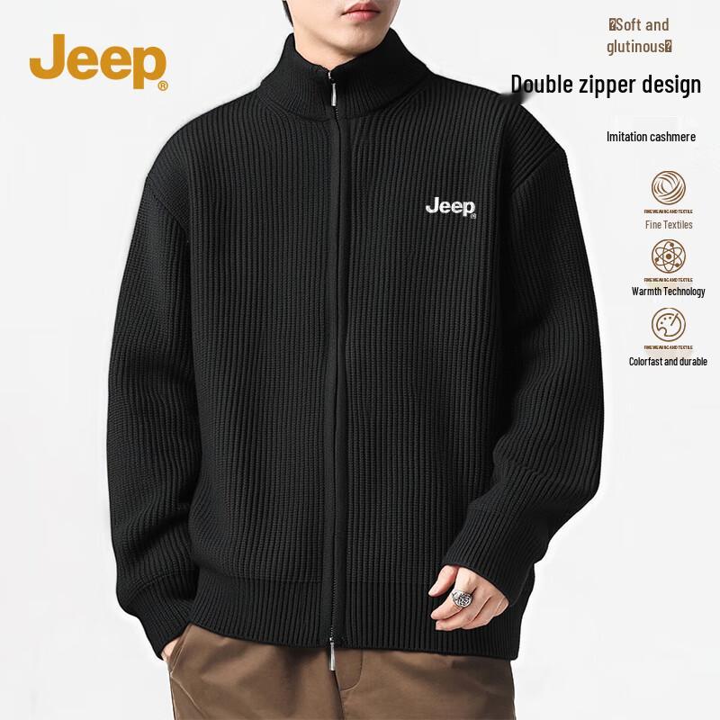 JEEP Men s American Casual Stand-Up Collar Double Zipper Cardigan Sweater M