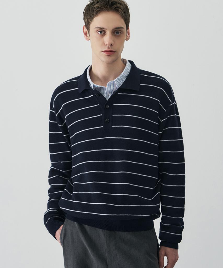 DRAW FIT Wool Supple Stripe Collar Knit [Navy]