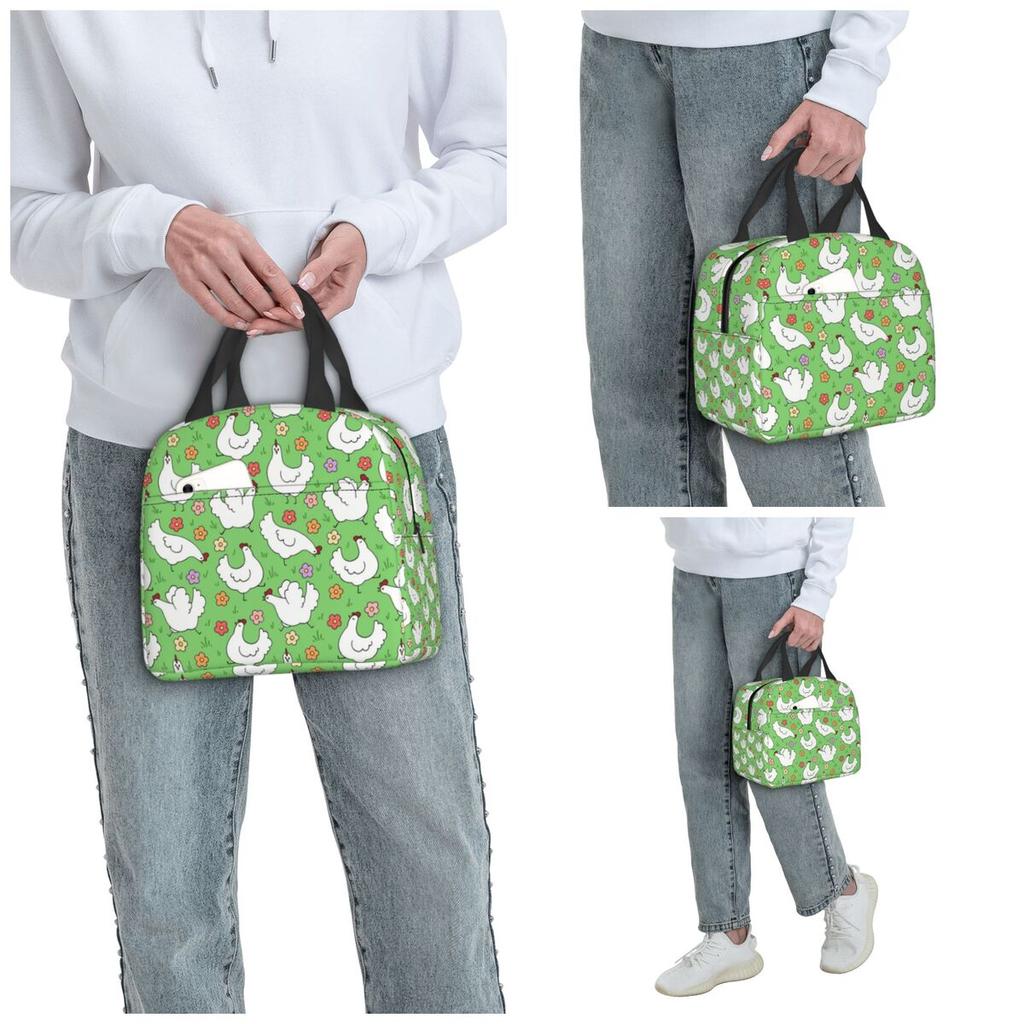 White Chickens And Floral Insulated Lunch Bag for Women Office Cooler Thermal Food Box Tote Portable Lunch Boxes Container