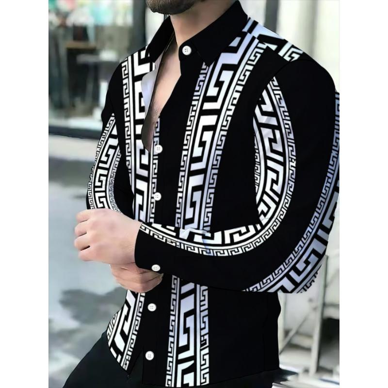 Men's Printed Long Sleeve Button Down Shirts Turn Collar Nightclub Casual Camisas Hombre Plus Size Streetwear Fashion Top