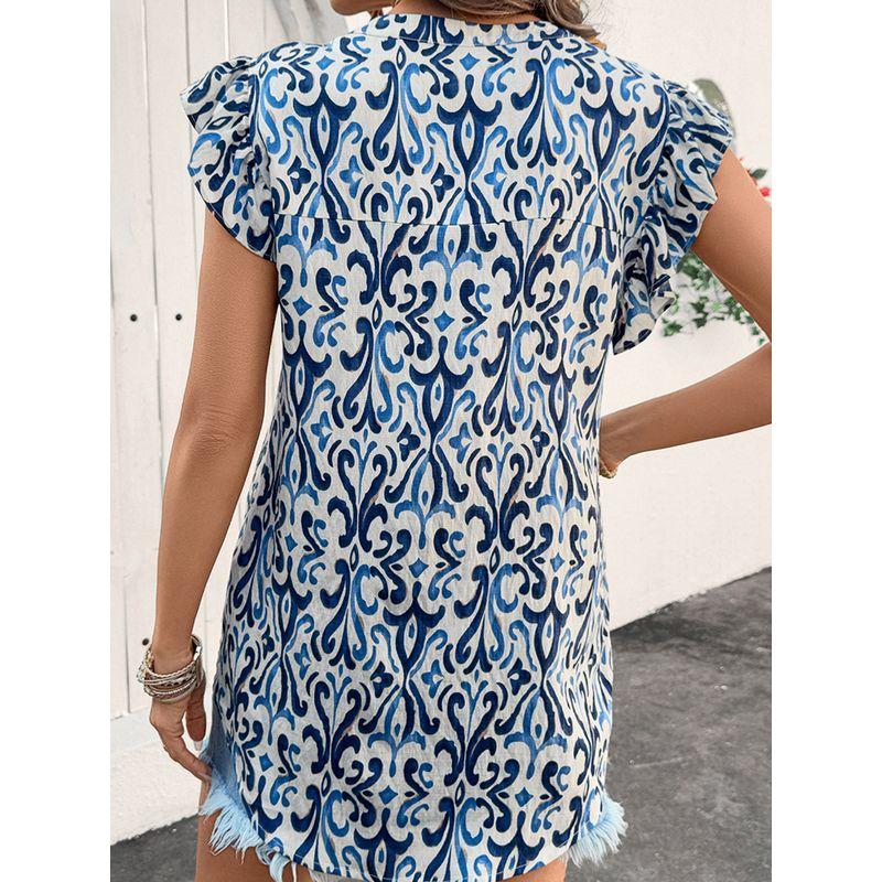 Summer Bohemia Style Short Sleeve Pullover Shirt Women 2025 Fashion Loose Pullover V-neck Ruffle Sleeve Top Women