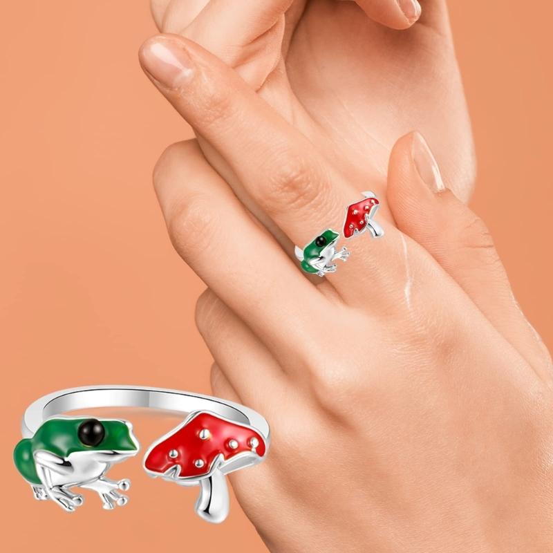 Unique Mushroom Frog-Ring for Women Cute Animal Shape Open Finger Ring Jewelry for Women Girl Stackable Ring Ornament