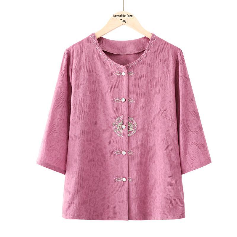 Cotton Seven-Sleeve Round Neck Shirt for Elderly Women XL