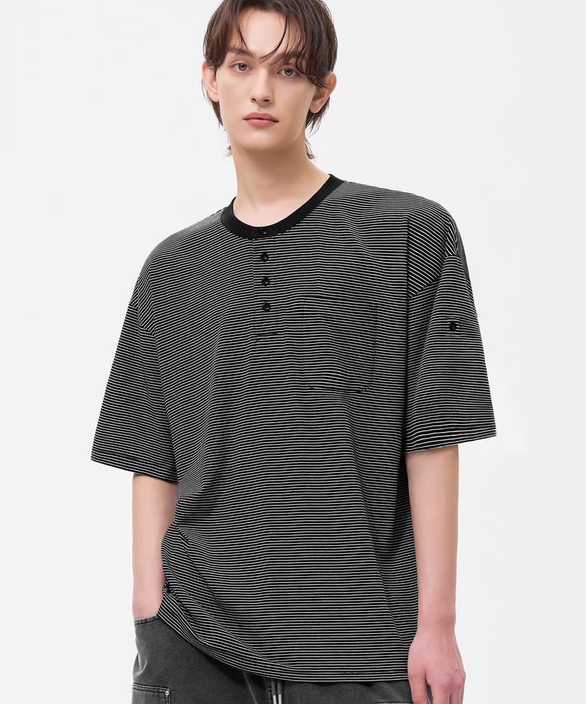 TRILLION Roll-Up One-Pocket Henley Neck Short Sleeve T-Shirt_4Color