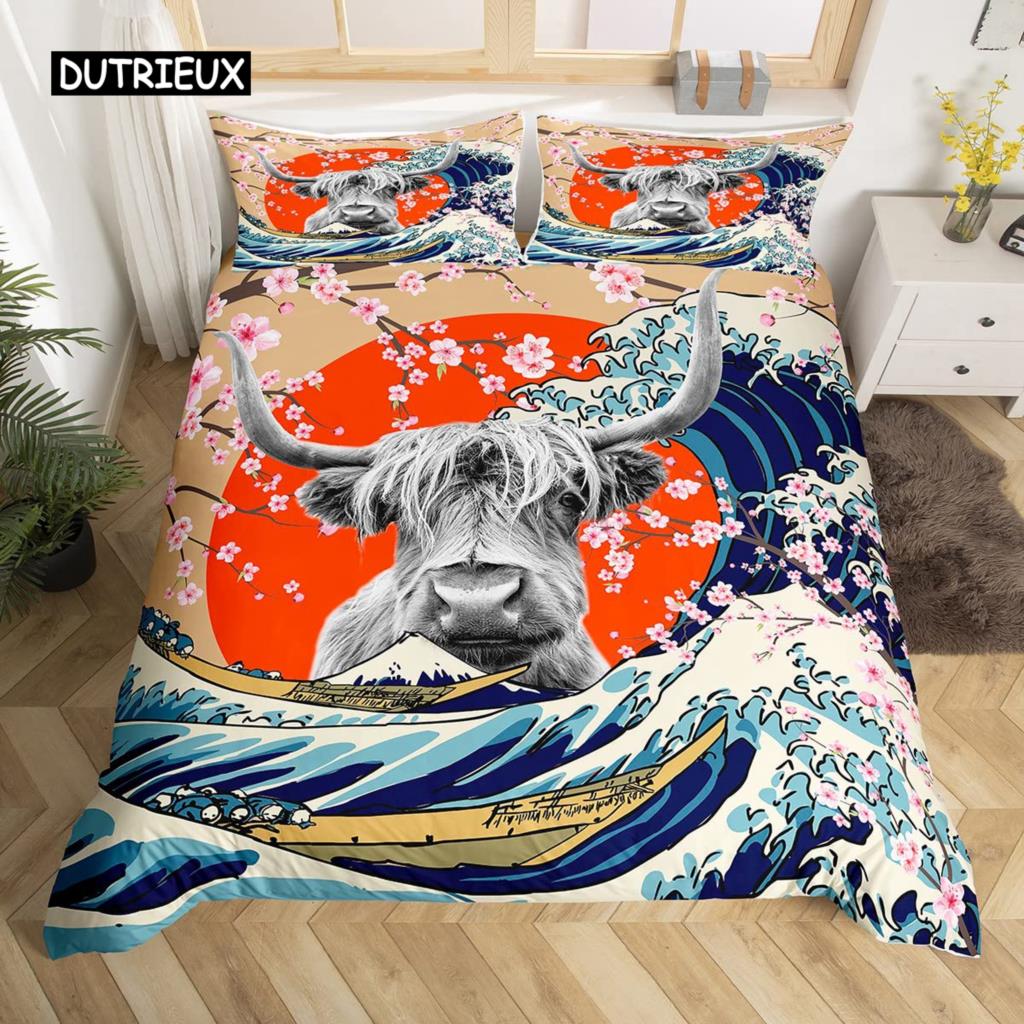 Kuh Bettbezug Set Twin King Size Bauernhoftier Bettwäsche Set Grüner Rankenblätter Druck Bettdeckenbezug Rustikale Holzbrett Steppdecke