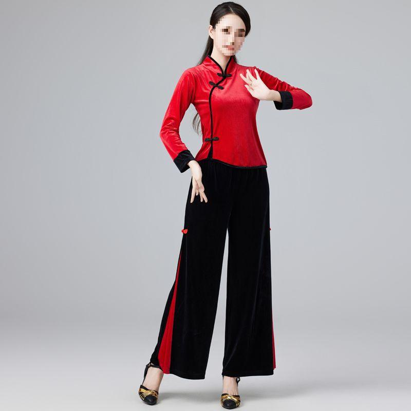 Gold Velvet Team Dance Set: Autumn/Winter Thick Long Sleeve Top & Pants