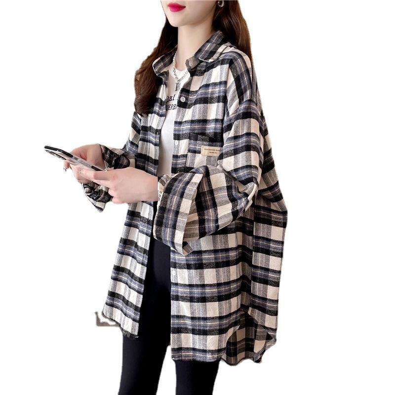 Wiosna Jesień Vintage Krata Nadruk Luźny Casual Kardigan Bluzka Kobiety Długi Rękaw Golf Zapinana na Guziki Koszula Top