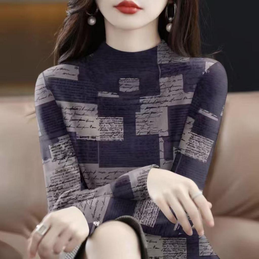 2025 Spring/Autumn Women's Long Sleeve Half-High Neck Slimming T-Shirt