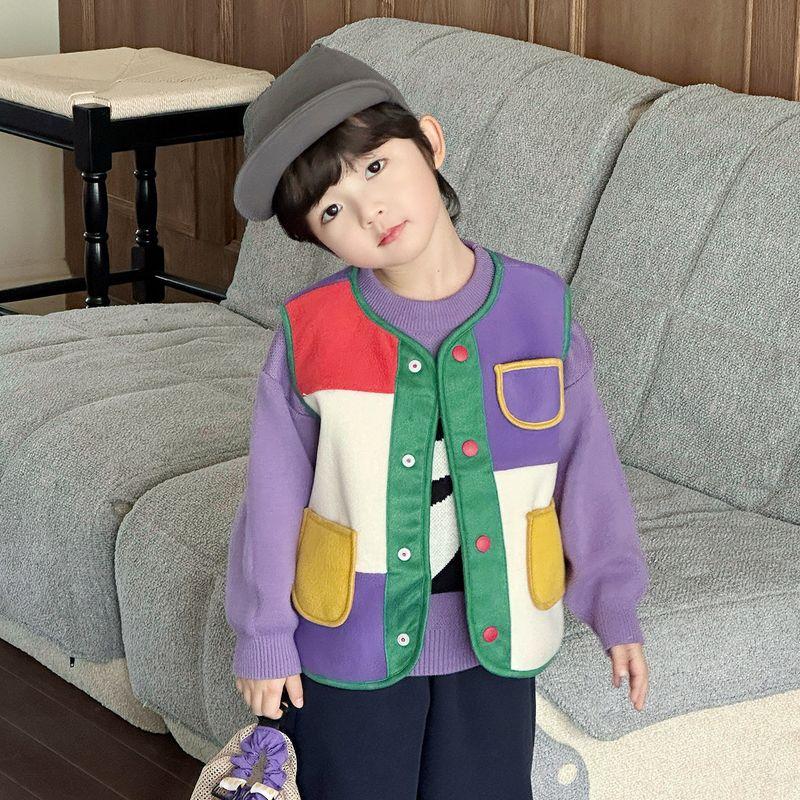 Boys  Vest for Autumn and Winter, Children s Fleece Warm Sleeveless Vest, Outdoor Color-Blocking Jacket for Young Children in Autumn and Winter Purple 110