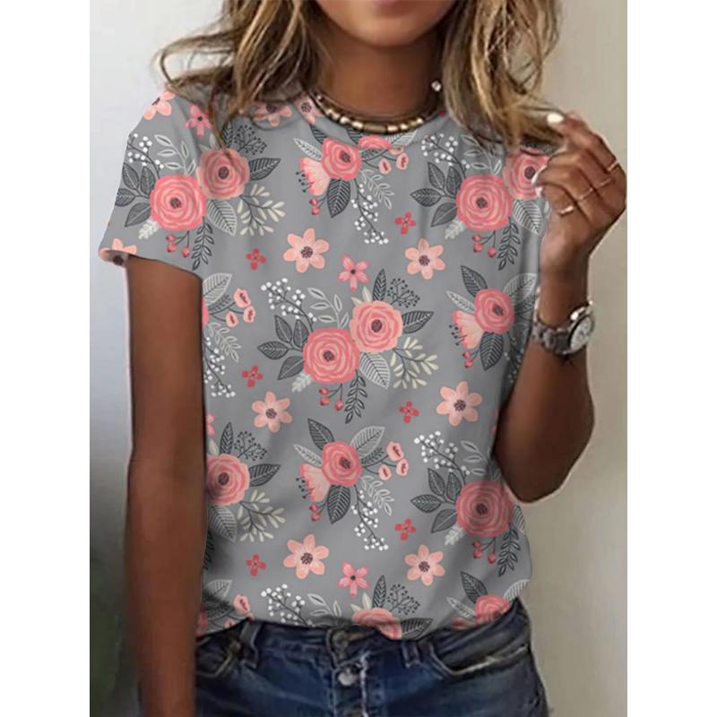 

Fashion Women s Summer Crew Neck Short Sleeve 3D Flower Color Printed Crew Neck T-Shirt 6XL