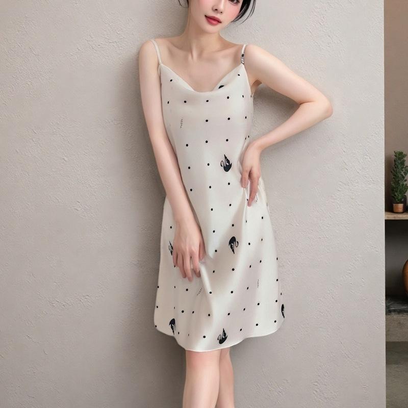 Ice and snow pajamas spring and summer women's sexy suspender vest nightdress thin swing neck print