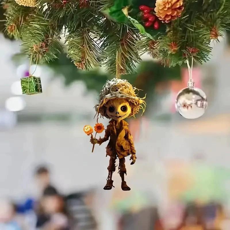 Wearing Skull Halloween Straw Hat And Hold Flower Acrylic Flat Pendant Surface