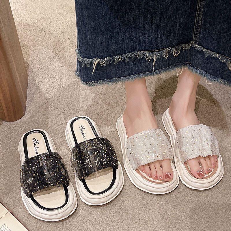 New Lace Frosted Pearl Women's Slippers, Small Fragrance Style, Summer Cool Slippers, Versatile Daily Beach Shoes, Thick Sole, Large Size