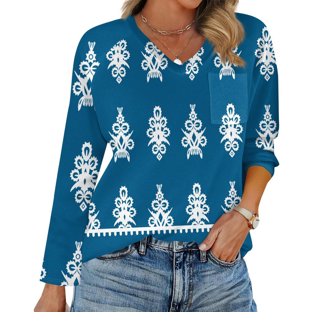 Women's Raglan Long Sleeve V-Neck T-Shirt Splicing Solid Color Casual Top Pullover V-Neck Pocket Bottoming Shirt