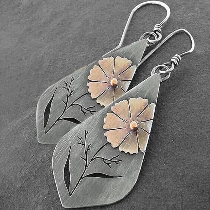 Vintage Ethnische Silberfarbene Metall Schnitzerei Blatt Blume Hängeohrringe für Frauen Schmuck