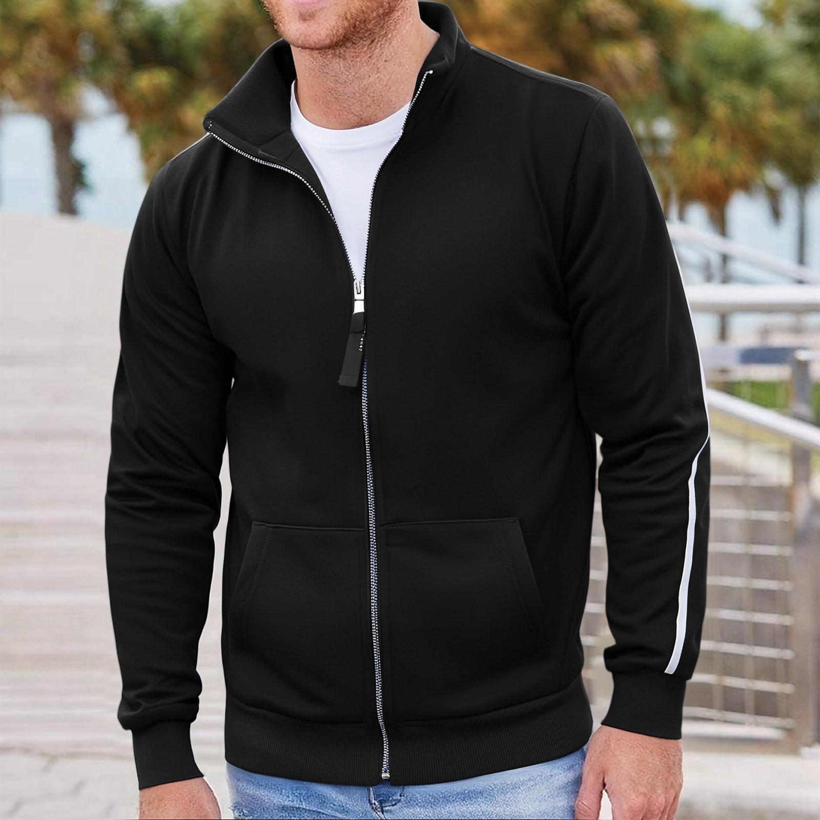 

Мужская уличная повседневная свободная толстовка с воротником-стойкой на молнии с длинным рукавом, универсальный мужской спортивный кардиган с цветными блоками M чёрный