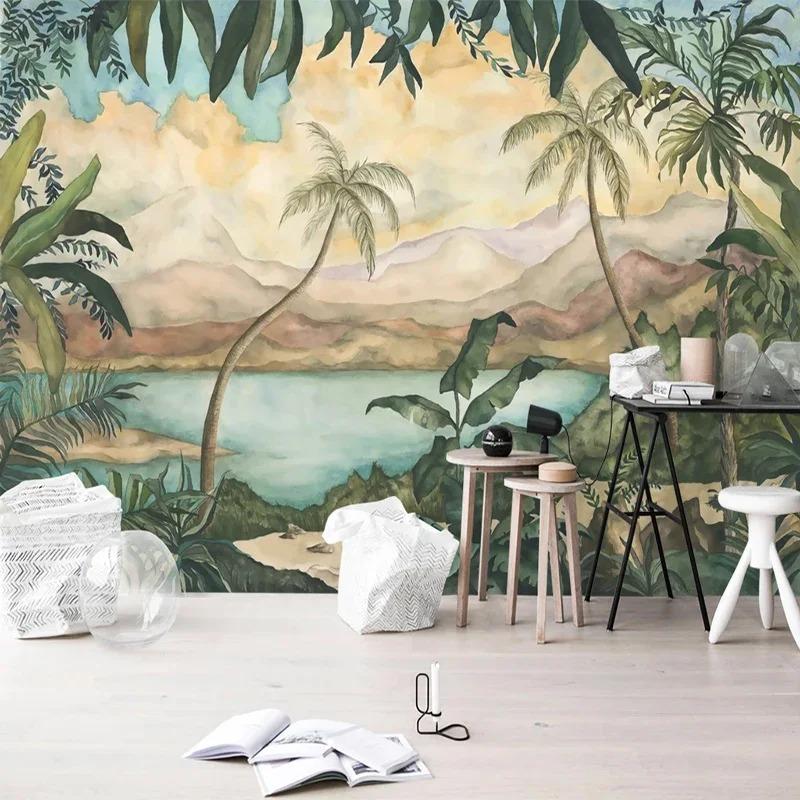 3d Retro Nostalgic Mural Rain Forest Leaf Coconut Tree Landscape Mural Living Room Bedroom Wallpaper