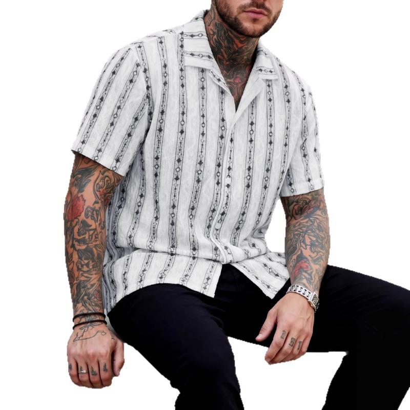 

Mens Geometric Striped Short Sleeve Cuban Collar Shirt S чёрный