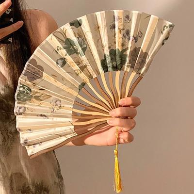 New Chinese Style Portable Hand Fold Fan Dance Props Retro Shell Fan Woman Men Bamboo Wood Silk Flower Folding Fan
