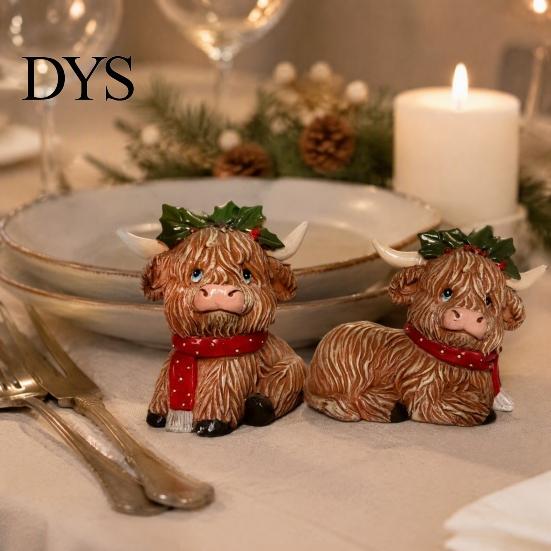 Hand Painted Animal Statue 2Pcs Christmas Highland Cow Figurine, Resin Yak with Red Holiday Gift for Her Scarf, Cute Desktop Ornaments Home