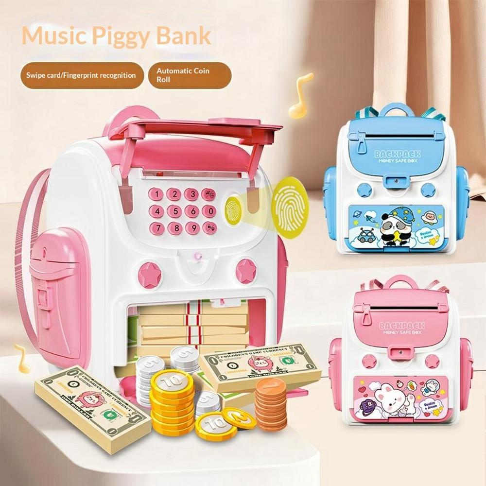 23529A/B Kids Backpack Piggy Bank Toy Auto-Roll Money Fingerprint ATM Musical Savings Box Gift with Password Lock for Children