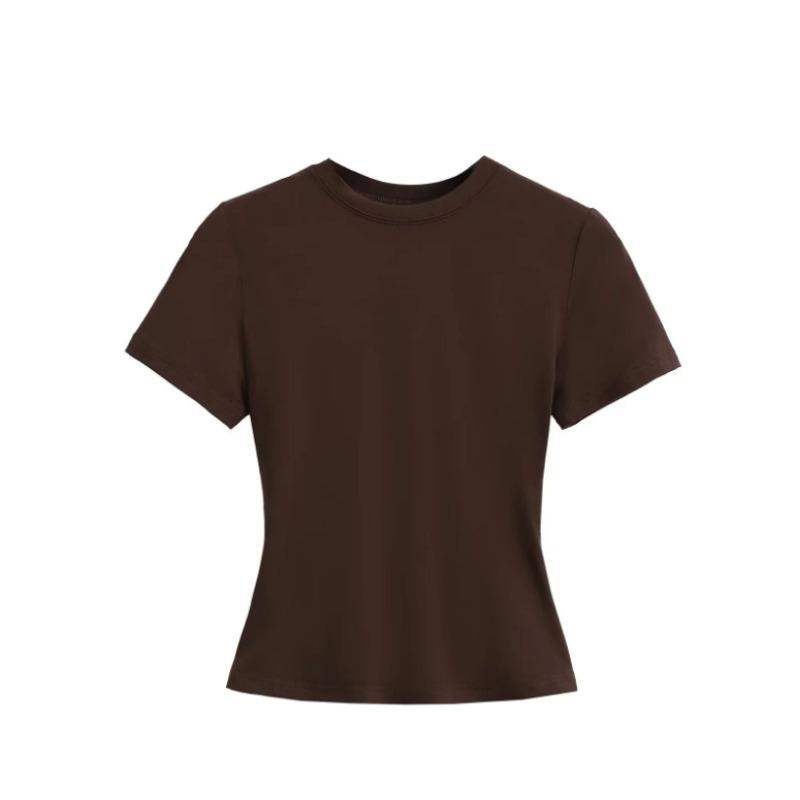 Amoi Women's Solid Color Kardashian Crew Neck Slim-Fit Short Bottom Shirt Basic Short Sleeve Shirt