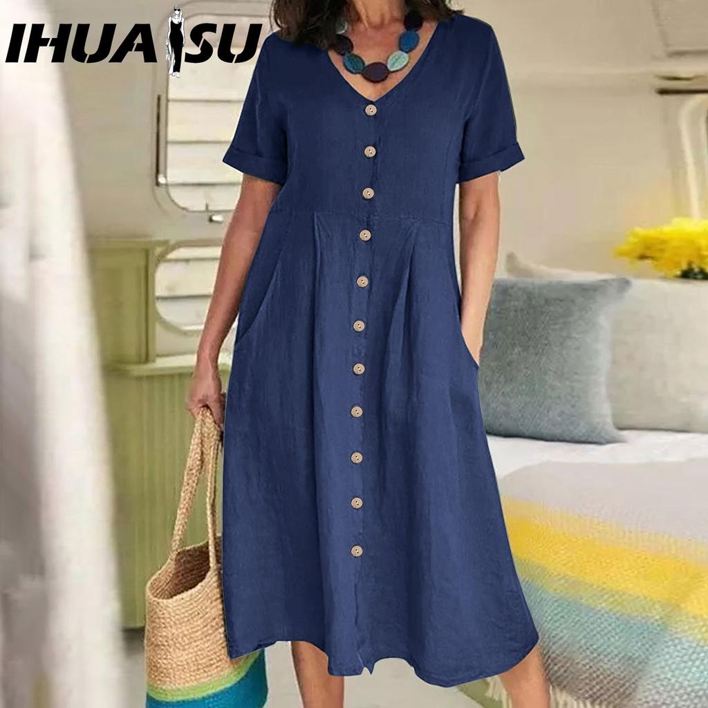 IHUASU Women Summer Casual Cotton V-Neck Short Sleeve Button Dress