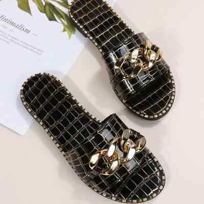 Grote Maten 35-43 Platte Luipaard Dames Pantoffels Nieuwe Europese Amerikaanse Metalen Ketting Vierkante Neus Platte Schoenen Dames Sandalen Pantoffels