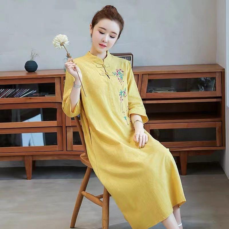 

Летнее женское платье миди в китайском этническом стиле с вышивкой больших размеров 4XL жёлтый