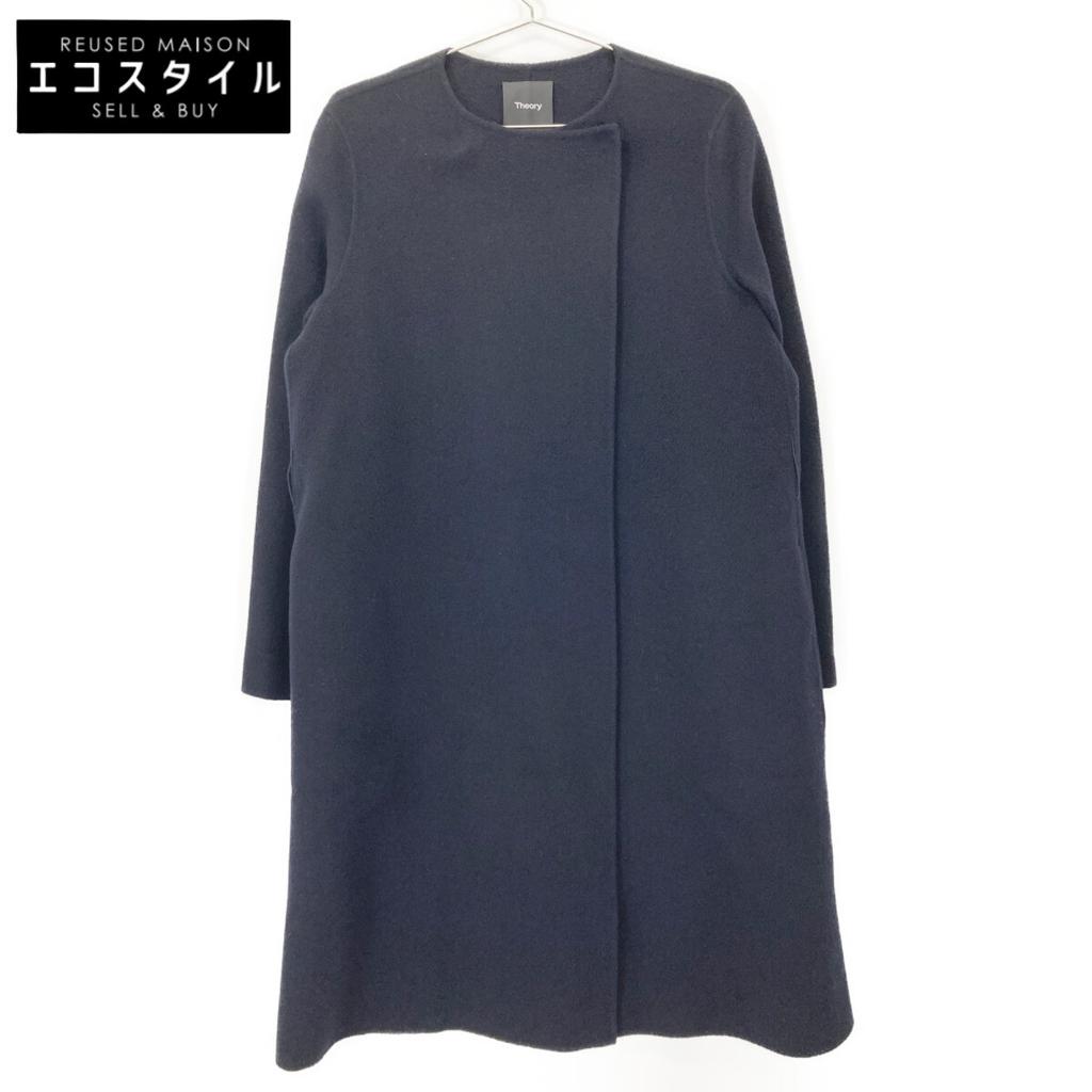 Theory 01-9309604 Navy cashmere blend double-face collarless coat coat P NavyUsed