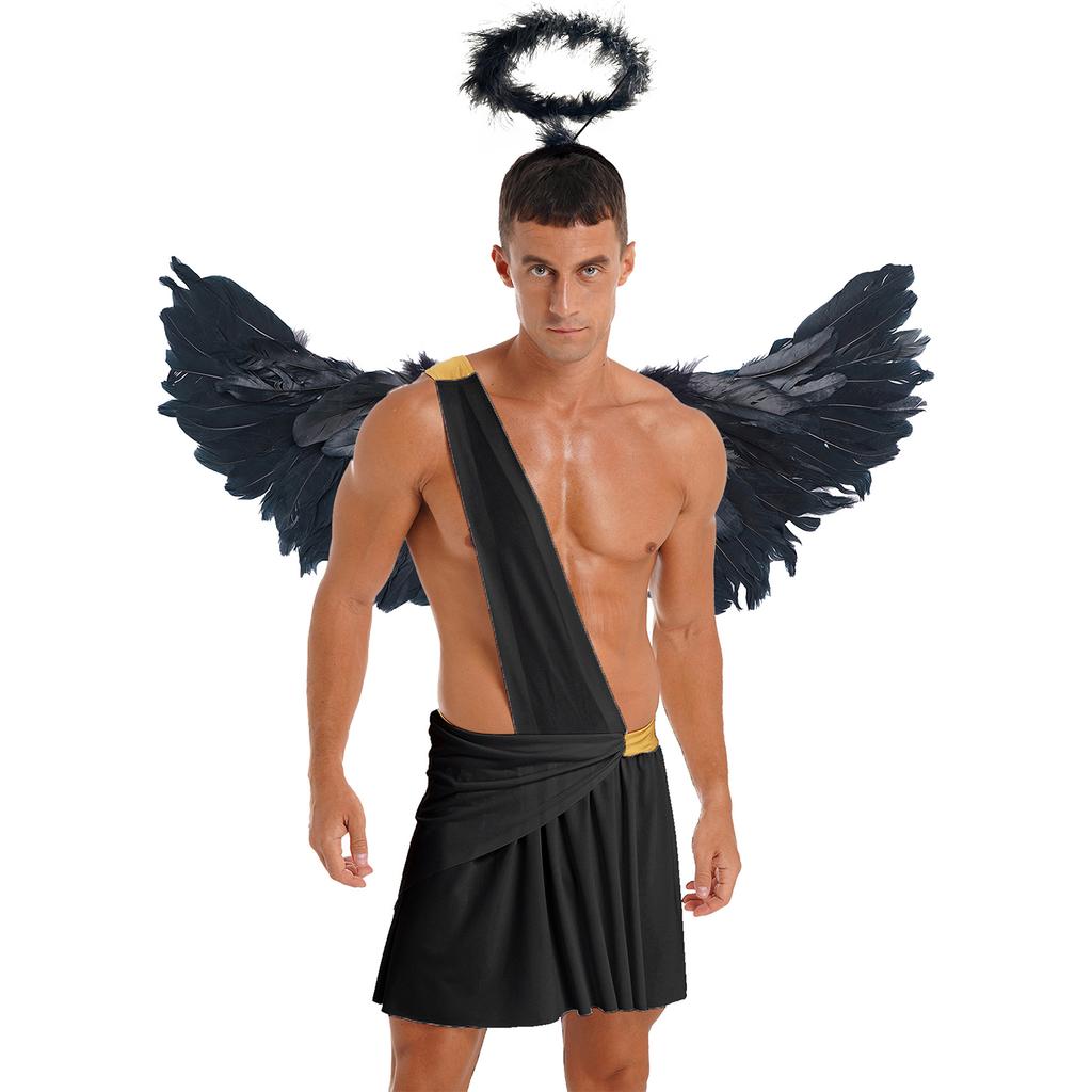 Mens Halloween Angel Costume One Shoulder Strap Ruffle Skirt Feather Angel Wings Hair Hoop Set