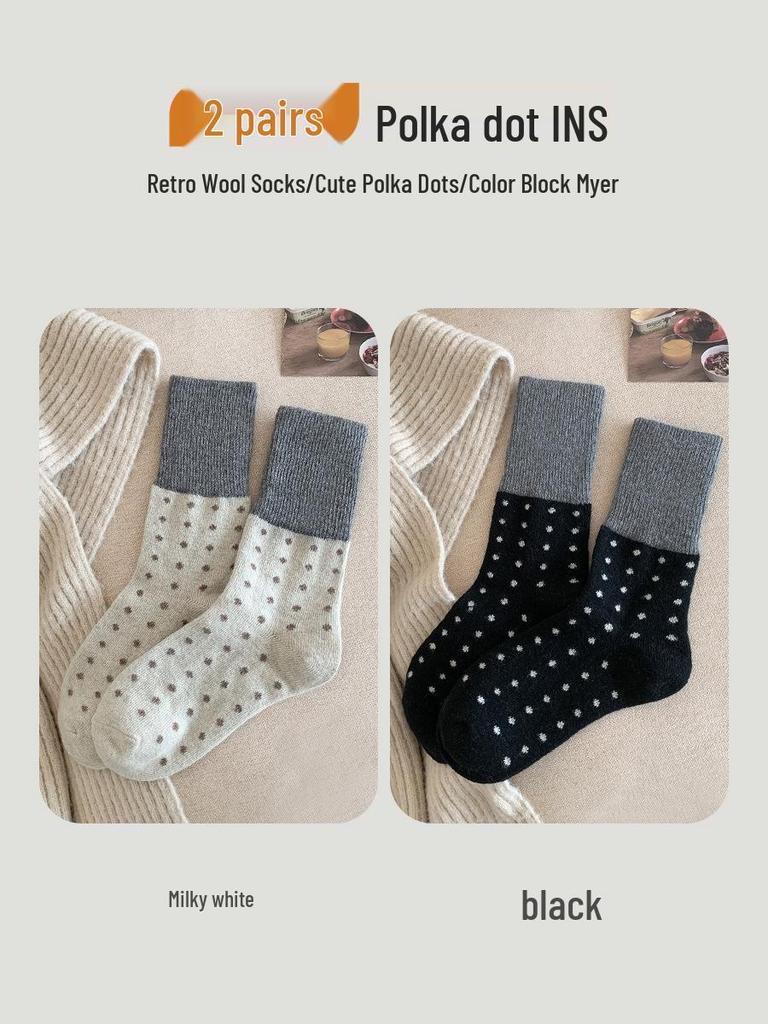 Women's Retro Polka Dot Mid-Calf Cashmere Socks - Warm & Thickened for Autumn/Winter