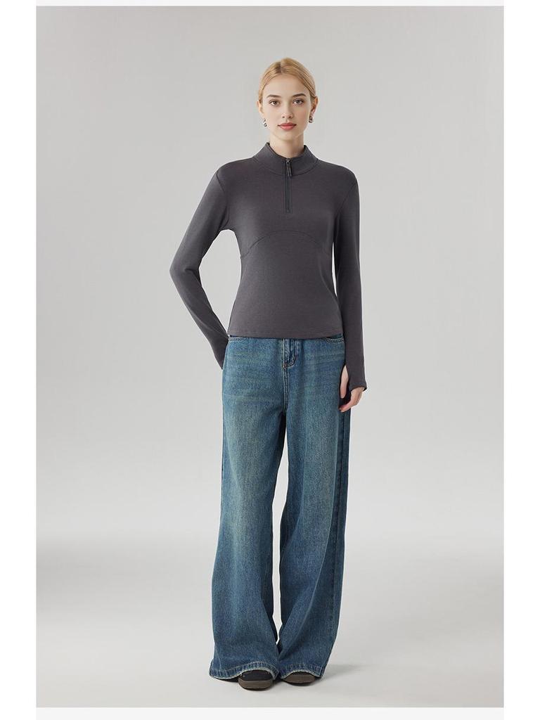 Women's Stand-Up Collar Half-Zip Slimming Yoga Sweatshirt - Warm, Thick, Breathable Long Sleeve Outerwear