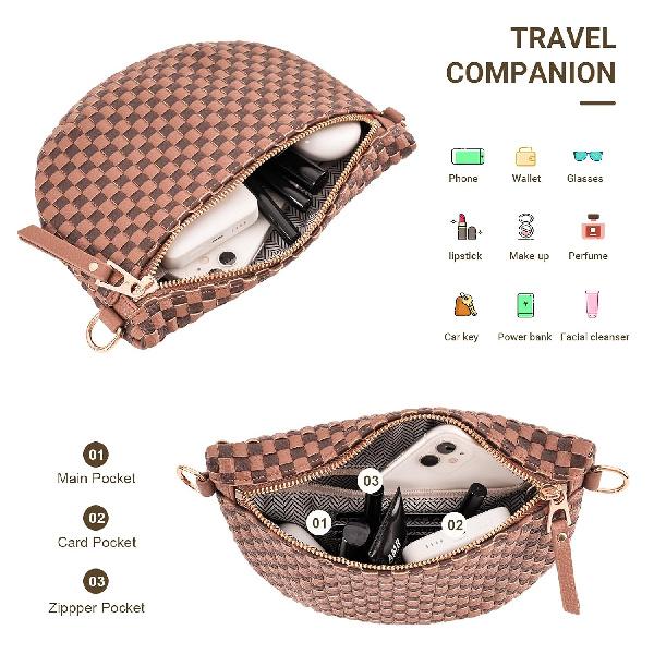 Small Woven Crossbody Bag for Women Checkered Vegan Leather Bum Purse