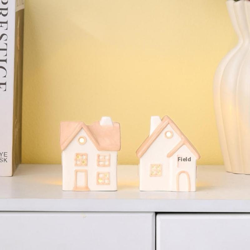 Painted Ceramic House Candle Holders Tabletop Christmas Or Everyday Home Decor Warm Glow Detailed Ornament(Without Candle)