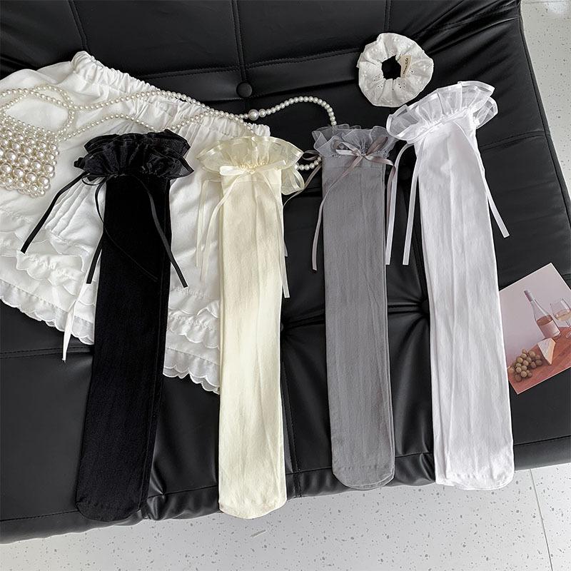 Japonský JK styl Bílé podkolenky Dětské Letní Tenké Mírně Průhledné Vysoké Čistá touha Styl Mašle Krajka Stehenní Ponožky